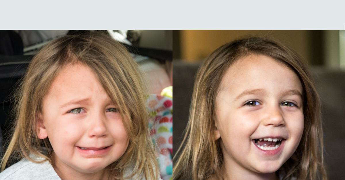 Before and after image of a girl whining and then happy.