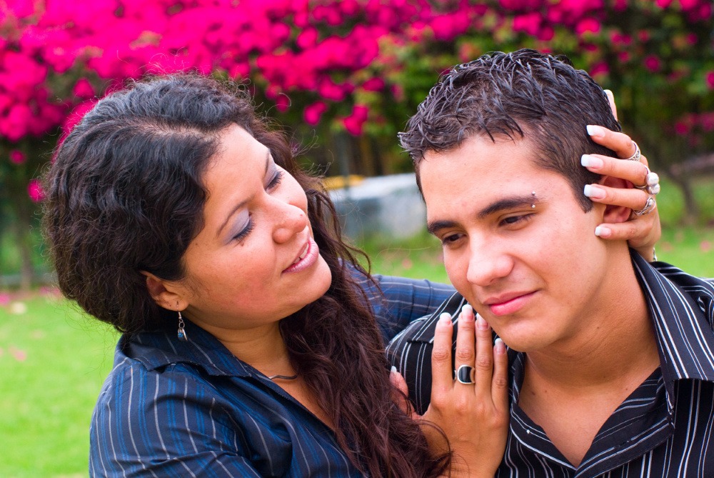 Happy mom and teen son.