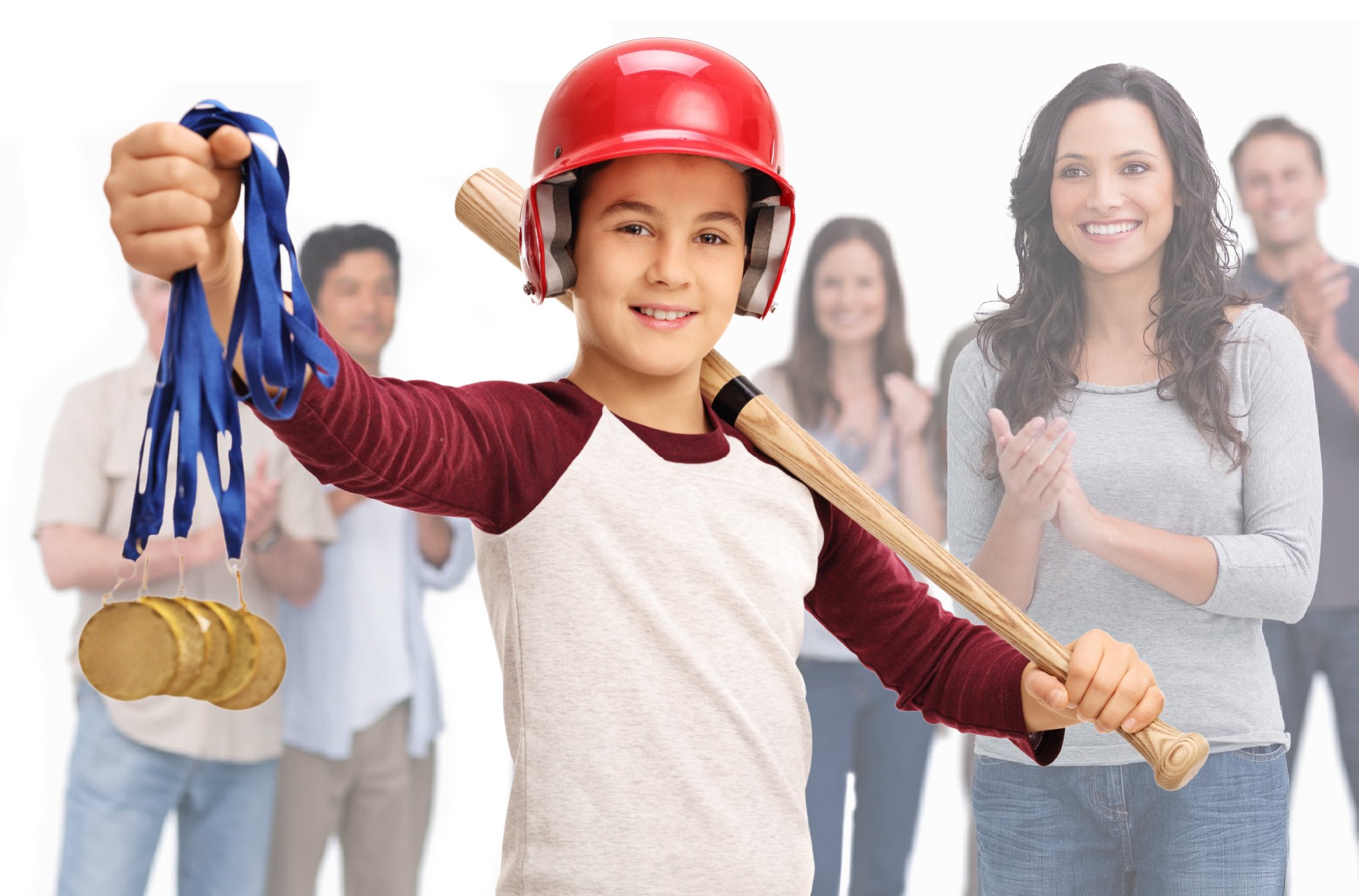 Boy holding medals being praised by adults