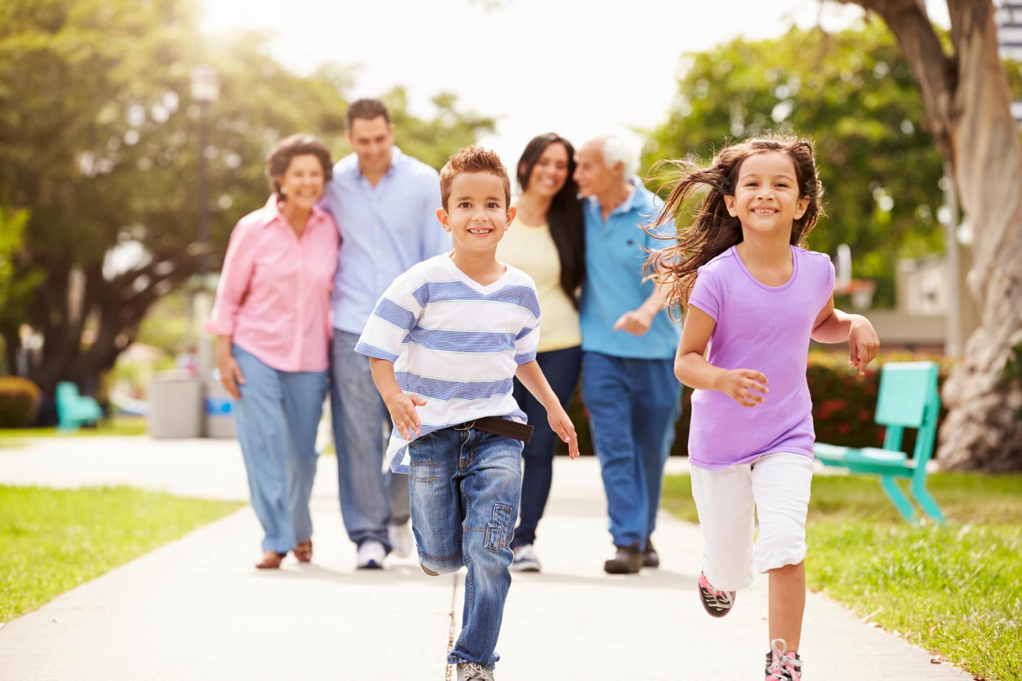 Multigenerational family on a walk together.