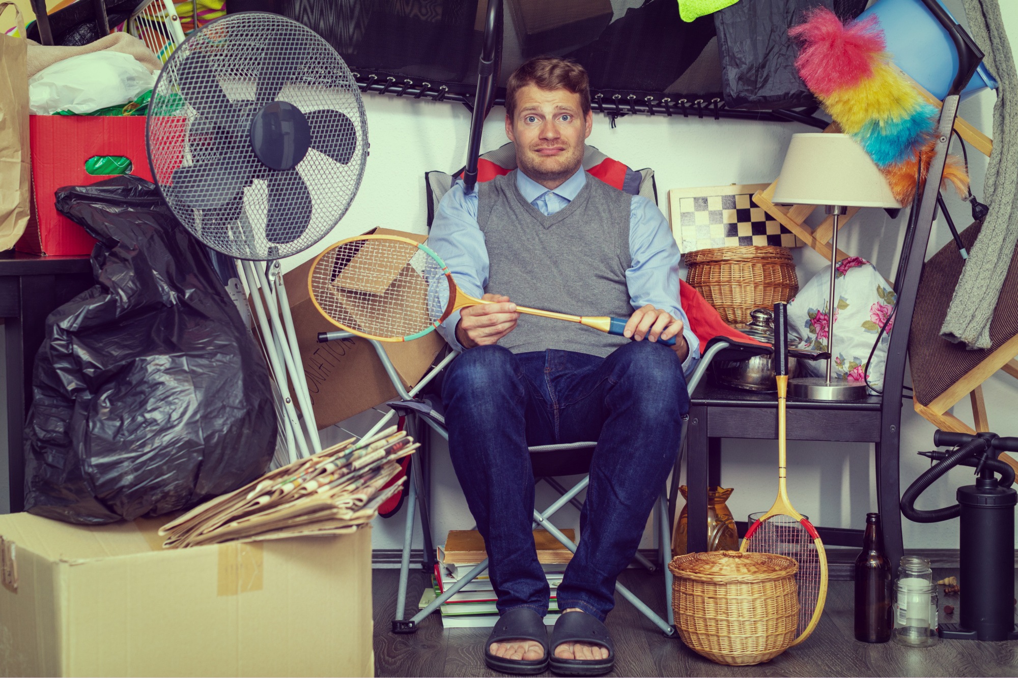 compulsive hoarding disorder concept - man hoarder with stuff piles sitting in the room