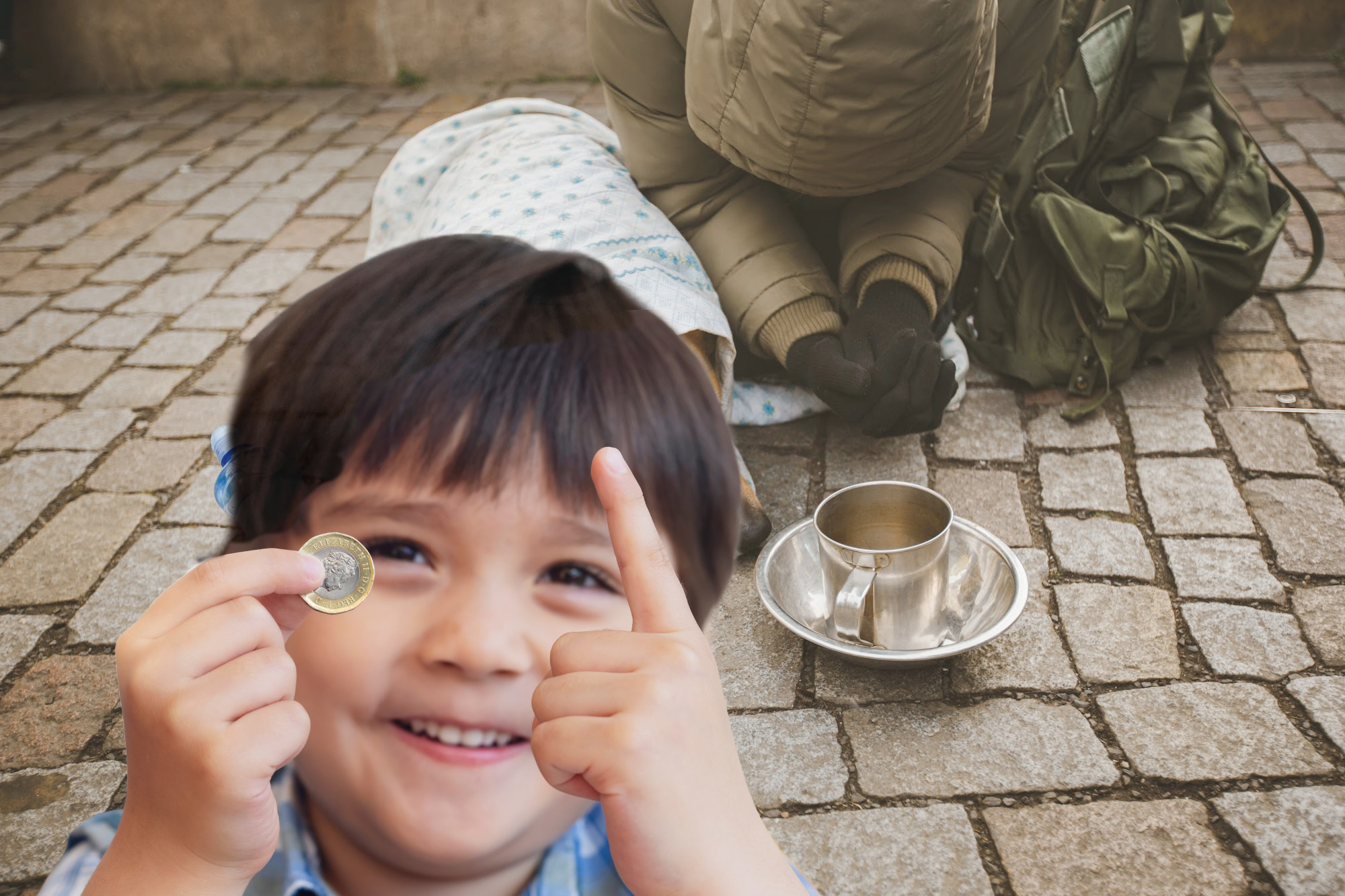 Little boy holding a coin a beggar in the background gave him.